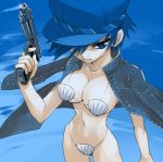  breasts cabbie_hat cleavage gun hat jacket jacket_on_shoulders mari_(mari^3) mari_(pivix) mari_(pixiv) open_clothes open_jacket persona persona_4 seashell shell shell_bikini shells shirogane_naoto short_hair swimsuit weapon 