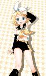  bad_id blonde_hair blue_eyes bow detached_sleeves hair_ornament hairclip headset kagamine_rin mattaku_mosuke midriff navel open_mouth short_hair shorts smile star starry_background vocaloid 