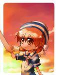  brown_hair clannad hand_holding hat holding_hands okazaki_ushio sailor_uniform school_uniform short_hair sunset taka_(aghalta) 