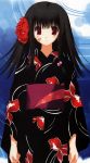  bandaid black_hair flower japanese_clothes kimono long_hair red_eyes 