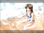  beach bikini blue_eyes brown_hair kneeling r's_wallpaper_studio swimsuit wallpaper water waves 