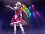 arm_up blonde_hair blue_background dress flandre_scarlet hat highres jerry rainbow_order red_dress red_eyes solo touhou wings 