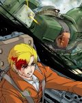  axe bad_id bernard_wiseman blonde_hair blood blue_eyes bullet_hole bullet_holes cockpit damage damaged face fujisawa_takashi gundam gundam_0080 injury male mecha solo weapon zaku zaku_ii zaku_ii_fz_kai 