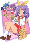  bag blue_eyes blue_hair bow green_eyes hair_ribbon hiiragi_kagami hiiragi_tsukasa izumi_konata kawasaki_kazuhiko keychain kirisame_marisa loafers lucky_star playstation_portable psp purple_hair ribbon school_uniform shoes touhou twintails 