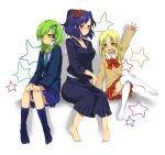  barefoot blonde_hair blue_eyes blue_hair blush contemporary feet green_hair hair_ornament hairpin kochiya_sanae kuzumiya_yuyu moriya_suwako necktie panties red_eyes ribbon school_uniform skirt socks thigh-highs thighhighs touhou underwear yasaka_kanako 