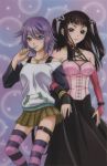  blue_eyes brown_hair candy lollipop long_hair multiple_girls purple_hair red_eyes rosario+vampire shirayuki_mizore short_hair striped striped_legwear striped_thighhighs swimsuit thigh-highs thigh_strap thighhighs toujou_ruby witch 