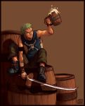  barrel beerstein cup froth green_hair grin katana male mug one_piece roronoa_zoro short_hair simple_background skull_and_crossbones smile solo sword weapon 