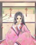  folding_fan heian japanese_clothes kimono kuga_tsukasa original plum_blossoms solo 