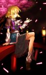  bad_id blonde_hair bridge cherry_blossoms crossed_legs hong_(white_spider) lamp legs mizuhashi_parsee petals pointy_ears scarf shiro_spider short_hair sitting solo touhou tree yellow_eyes 