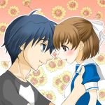  blue_hair brown_eyes brown_hair clannad cute dress eye_contact father_and_daughter flower kadono_uranus lowres okazaki_tomoya okazaki_ushio sailor_uniform school_uniform sunflower 