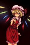  1girl blonde_hair cosplay face flandre_scarlet flandre_scarlet_(cosplay) harusame_(unmei_no_ikasumi) hat lunasa_prismriver solo touhou wings wink 