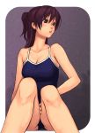  brown_eyes brown_hair long_hair one-piece_swimsuit ponytail school_swimsuit sitting swimsuit 