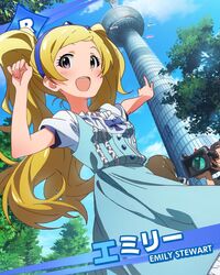  1girl blonde_hair blush camera character_name dress emily_stuart hairband happy idolmaster idolmaster_million_live! long_hair official_art open_mouth purple_eyes sky smile solo tower twintails 