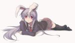 :o arm_support blazer bunny_ears bunny_tail lavender_hair long_hair lying mzyk necktie on_stomach pleated_skirt rabbit_ears red_eyes reisen_udongein_inaba skirt solo tail thigh-highs thighhighs touhou zettai_ryouiki 