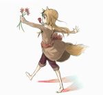  barefoot brown_hair flower holo long_hair red_eyes sketch spice_and_wolf tail walking wolf_ears 