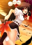  black_wings bobby_socks camera covering covering_ass fan feathers from_behind geta hat looking_back no_panties open_mouth orange_eyes shameimaru_aya short_hair sky smile socks sunset tengu-geta tokin_hat touhou wings yukizuki_chikuba 