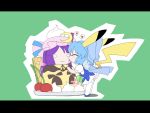  chibi cirno cosplay costume food fruit kiriu licking parody patchouli_knowledge pikachu pikachu_(cosplay) pokemon pudding ribbon tail touhou 