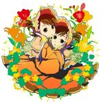  brown_eyes brown_hair dress ebi_(pixiv66713) flower futami_ami futami_mami hair_bobbles hair_ornament idolmaster short_hair siblings side_ponytail twins 