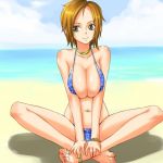  1girl anklet bangle barefoot beach bikini bracelet breast_squeeze breasts cleavage erect_nipples feet hands_on_feet huge_breasts indian_style jewelry large_breasts legs_crossed mosha nami_(one_piece) necklace ocean one_piece short_hair sitting solo swimsuit water 