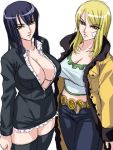 2girls age_difference belt black_dress black_hair black_legwear blonde_hair boots breasts brown_eyes center_opening cleavage coat daughter denim dress female jacket jeans kagami_hirotaka large_breasts legs long_hair looking_at_viewer midriff milf mother mother_and_daughter multiple_girls nico_olvia nico_robin one_piece open_clothes open_jacket open_shirt pants patch serious shirt simple_background thigh-highs thighs unzipped yellow_eyes zettai_ryouiki 