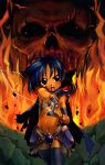  1girl armor blue_hair female fire pi-po satou_toshiyuki skull solo sword warrior weapon 