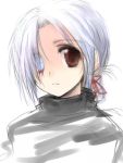  1girl ;o blush hair_ribbon hara_takehito looking_at_viewer one_eye_closed original parted_lips red_eyes red_ribbon ribbon short_hair silver_hair simple_background sketch solo sweater turtleneck white_background 