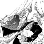  1boy 1girl bed bed_sheet botsuyuu_gekkou collar curtains formal frills girl_on_top juuni_kokuki king_tai long_hair long_sleeves lying monochrome on_back on_bed pillow risai suit 