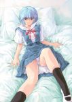  ayanami_rei bed blue_hair highres kiyama_satoshi neon_genesis_evangelion panties pantyshot red_eyes school_uniform serafuku short_hair skirt spread_legs underwear 