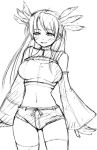  1girl bare_shoulders crop_top cutoffs denim denim_shorts detached_sleeves greyscale happy light_smile long_hair long_sleeves midriff monochrome navel phantasy_star phantasy_star_universe short_shorts shorts simple_background sketch solo standing thigh-highs white_background wide_sleeves 