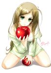  1girl apple bra elysion eri_(artist) food fruit holding holding_fruit lingerie open_clothes open_shirt panties shirt solo sound_horizon underwear yield 
