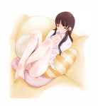  1girl bangs bare_legs barefoot blunt_bangs blush breasts collared_shirt couch covering covering_crotch full_body legs_up long_hair long_sleeves looking_at_viewer medium_breasts miito_shido no_pants on_couch panties pillow pink_panties red_eyes shirt sidelocks solo toes underwear white_shirt wing_collar 