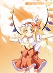  1girl :d ascot blonde_hair collar cowboy_shot crystal demon_wings female flandre_scarlet frills fuyu_matsuri grin hat mob_cap open_mouth outstretched_arms puffy_short_sleeves puffy_sleeves short_sleeves sidelocks smile solo standing teeth touhou vampire wings 
