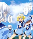  ... 4girls arm_up blonde_hair blue_eyes blush brown_hair choker closed_eyes clouds cloudy_sky flat_gaze hair_ribbon hair_tie hill jitome long_hair looking_at_another multiple_girls musical_note noto_(soranoto) number open_mouth original outstretched_arm ribbon school_uniform short_hair silver_hair skirt sky spoken_musical_note standing sweat thigh-highs twintails white_legwear 