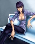  1girl alabasta bangs black_hair breasts brown_eyes cleavage collarbone collared_shirt crossed_legs fingernails kagami_hirotaka long_hair looking_to_the_side nico_robin one_piece open_clothes open_shirt pants popped_collar purple_shirt shirt sitting sleeves_folded_up solo 