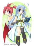  2girls agito agito_(nanoha) bat_wings blue_eyes blue_hair blush book book_of_the_azure_sky fingerless_gloves gloves hair_ornament long_hair lyrical_nanoha mahou_shoujo_lyrical_nanoha mahou_shoujo_lyrical_nanoha_strikers minazoi_kuina multiple_girls pointy_ears redhead reinforce_zwei short_hair single_thighhigh thigh-highs twintails violet_eyes wings x_hair_ornament 