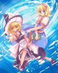  2girls alice_margatroid blonde_hair blue_eyes book broom broom_riding female foreshortening grin hat inuinui kirisame_marisa multiple_girls shoes short_hair smile touhou witch witch_hat yellow_eyes 