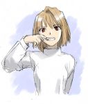 00s 1girl arcueid_brunestud blonde_hair fang grin jpeg_artifacts lowres red_eyes short_hair sketch smile solo sweater tsukihime