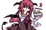 1girl bat_wings box brown_dress brown_eyes cowboy_shot demon_girl dress eating female head_wings holding koakuma long_hair long_sleeves redhead simple_background solo succubus tail the_embodiment_of_scarlet_devil touhou very_long_hair white_background wings