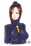  1girl breasts capcom female frown garrison_cap hat impossible_clothes itou_yuuji juli necktie simple_background solo street_fighter turtleneck 