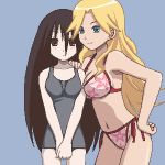  2girls awa bikini black_eyes black_hair blonde_hair blue_eyes kimura_kaere komori_kiri long_hair lowres multiple_girls oekaki one-piece_swimsuit sayonara_zetsubou_sensei school_swimsuit swimsuit 