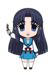  asakura_ryouko blue_eyes blue_hair chibi knife long_hair mem school_uniform serafuku suzumiya_haruhi_no_yuuutsu 