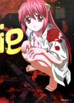  00s 1girl barefoot blood breasts cleavage elfen_lied feet gun h&amp;k_mp5 h&amp;k_mp5k heckler_&amp;_koch highres horns kaede_(character) long_hair lucy medium_breasts newtype nyuu open_clothes open_mouth open_shirt pink_hair red_eyes rifle scan shirt solo squatting submachine_gun very_long_hair weapon 