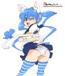  animal_ears ass blue_hair green_eyes looking_back oekaki onija_tarou original panties school_uniform serafuku striped striped_legwear tail thigh-highs twintails underwear white_panties wink 