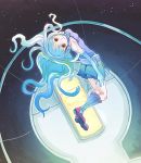  1girl blue_hair boots eihi floating_hair gradient_hair headphones knee_boots light_smile looking_at_viewer looking_back multicolored_hair original shorts skirt solo space yellow_eyes zero_gravity 