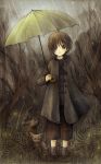  androgynous borrowed_character brown_eyes brown_hair original radittz rain short_hair smile solo standing umbrella 
