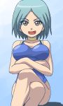  1girl awa blue_hair breasts brown_eyes crossed_arms hayate_no_gotoku! katsura_yukiji legs_crossed lowres oekaki one-piece_swimsuit short_hair sitting solo swimsuit 