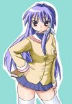  black_eyes book clannad fujibayashi_kyou hottan! long_hair purple_hair school_uniform serafuku skirt thigh-highs 