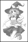  1girl :d apron bangs boots border bow braid clenched_hand dress eyebrows eyebrows_visible_through_hair female full_body hair_bow hat hat_bow jumping kirisame_marisa long_hair looking_at_viewer monochrome open_mouth shibusawa_hayato short_sleeves simple_background single_braid smile solo tagme touhou white_background witch_hat 