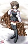  1girl blanket brown_hair dress f20_(funimaru) kanon misaka_shiori plaid rimurimu short_hair snow solo strap_slip sweater thigh-highs violet_eyes zettai_ryouiki 