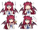  1girl :3 :t =_= ahoge azu_(azusayumix) bangs bare_arms bare_shoulders blue_eyes blush breasts closed_eyes closed_mouth commentary_request cropped_torso demon_girl demon_horns demon_wings dress eyebrows_visible_through_hair hair_between_eyes hands_on_own_face hands_up heterochromia holding holding_wand horns long_hair multiple_views nijisanji one_eye_closed parted_lips pout purple_wings red_eyes redhead shaded_face simple_background sleeveless sleeveless_dress small_breasts star_(symbol) translation_request two_side_up upper_body v-shaped_eyebrows very_long_hair virtual_youtuber wand white_background white_dress wings yuzuki_roa 